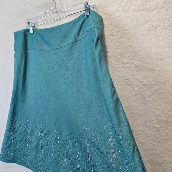 Merona A-Line Skirt Sz 18W Teal Linen Blend Skater Sequin Boho Summer Classic - Picture 3 of 10